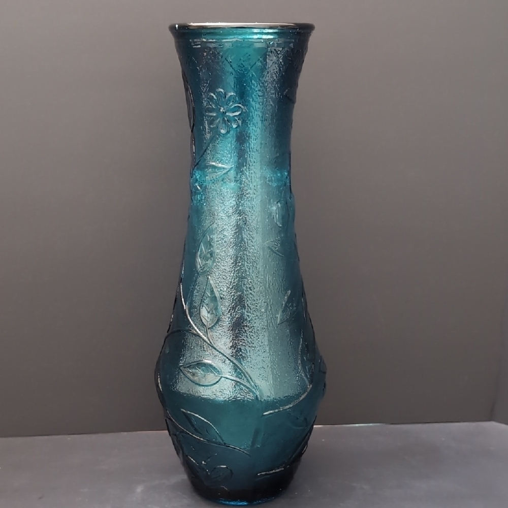 VGT,Mid Century,Dark Teal Empoli Glass Genie Vase with Butterflies/Fruit,Vines.